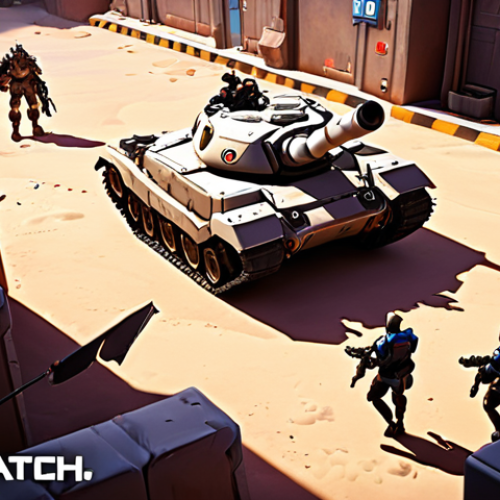 Home 14 **Prompt:** A dynamic Overwatch 2 team fight scene, focusing on teamwork and abilities. Imagine a colorful illustration showcasing a Tank character protecting their DPS and Support teammates, with ultimate abilities being used in a strategic location. The environment should highlight map awareness, with heroes utilizing high ground and cover effectively.