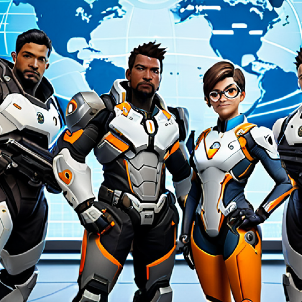 A diverse group of Overwatch heroes, including Winston, Tracer, and Genji, standing united in a futuristic, well-lit command center. They are in their iconic, professional combat suits, fully clothed, appropriate attire, modest clothing. The background features holographic displays showing a recovering world map, symbolizing hope and unity. Soft, ambient lighting. Professional photography, cinematic quality, high detail, perfect anatomy, correct proportions, natural pose, well-formed hands, proper finger count, natural body proportions, safe for work, appropriate content, family-friendly.