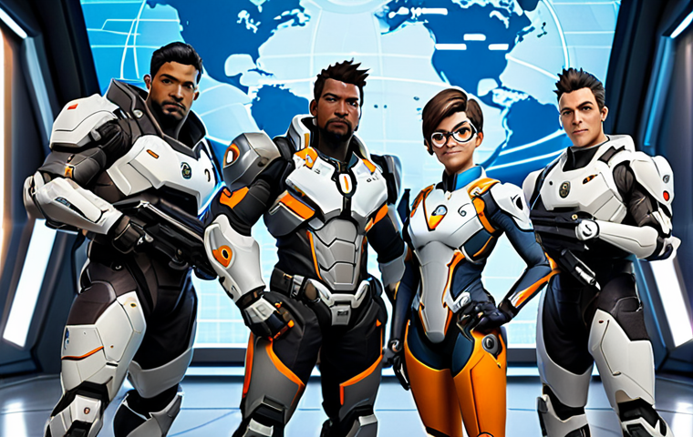 A diverse group of Overwatch heroes, including Winston, Tracer, and Genji, standing united in a futuristic, well-lit command center. They are in their iconic, professional combat suits, fully clothed, appropriate attire, modest clothing. The background features holographic displays showing a recovering world map, symbolizing hope and unity. Soft, ambient lighting. Professional photography, cinematic quality, high detail, perfect anatomy, correct proportions, natural pose, well-formed hands, proper finger count, natural body proportions, safe for work, appropriate content, family-friendly.