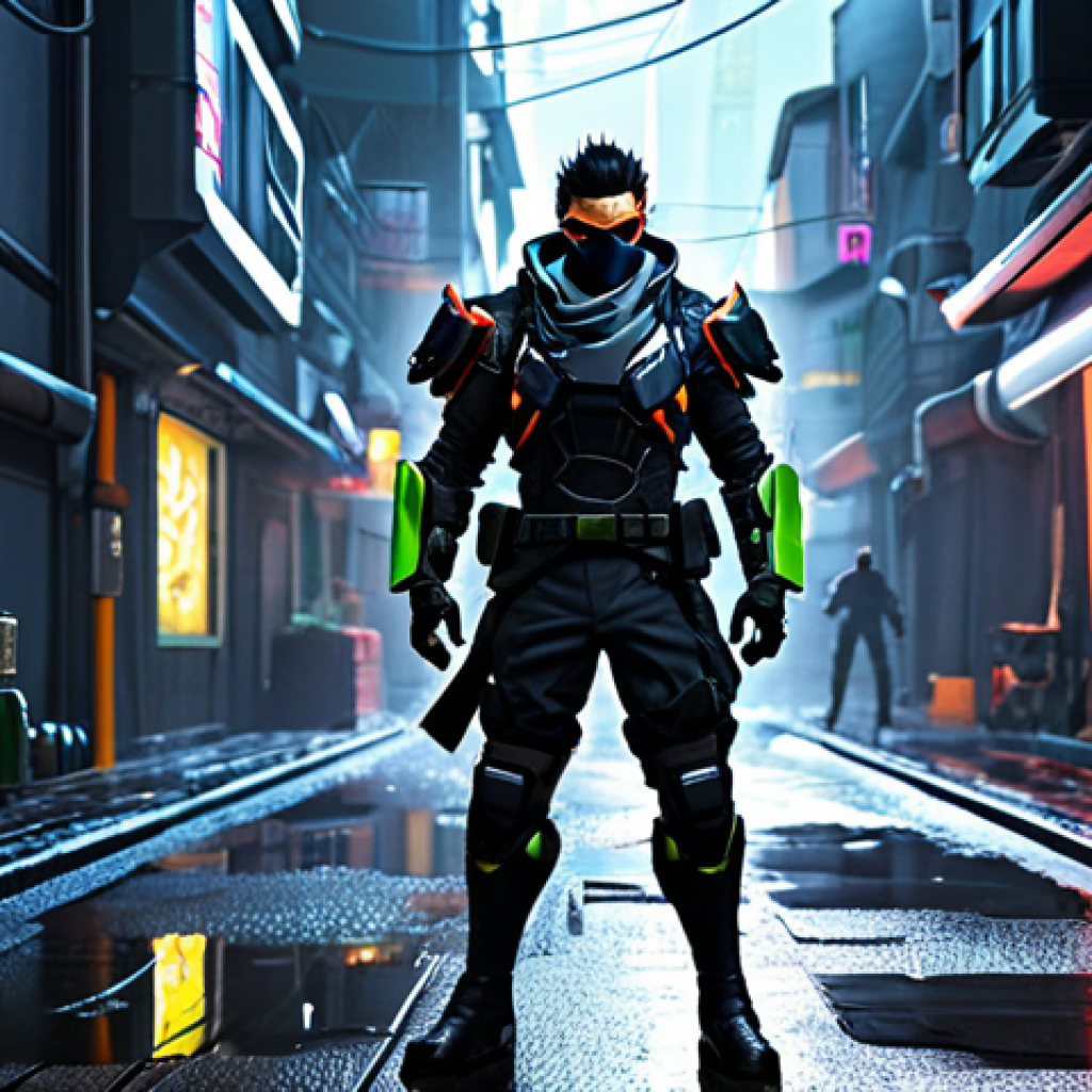 **Subject:** Genji in his "Blackwatch" skin. **Clothing:** Fully clothed in his Blackwatch ninja attire, complete with tactical gear and cybernetic enhancements. **Environment:** A dimly lit, futuristic alleyway, rain-slicked streets reflecting neon signs. **Modifiers:** Perfect anatomy, correct proportions, natural pose, dynamic lighting, safe for work, appropriate content, professional, family-friendly.