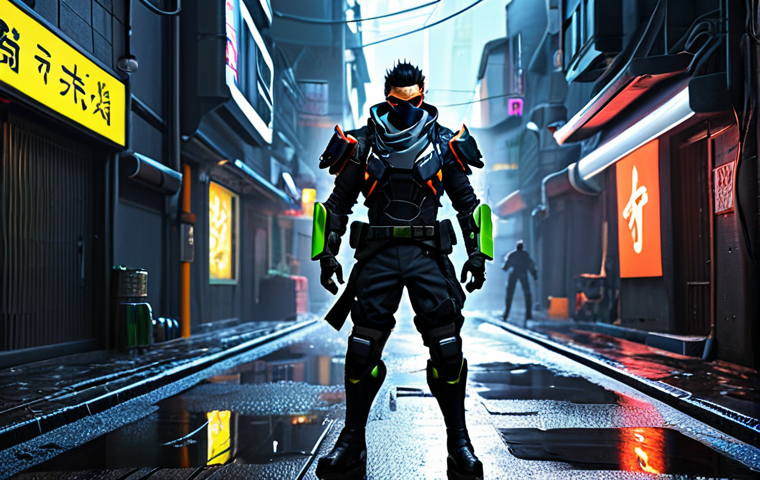 **Subject:** Genji in his "Blackwatch" skin. **Clothing:** Fully clothed in his Blackwatch ninja attire, complete with tactical gear and cybernetic enhancements. **Environment:** A dimly lit, futuristic alleyway, rain-slicked streets reflecting neon signs. **Modifiers:** Perfect anatomy, correct proportions, natural pose, dynamic lighting, safe for work, appropriate content, professional, family-friendly.