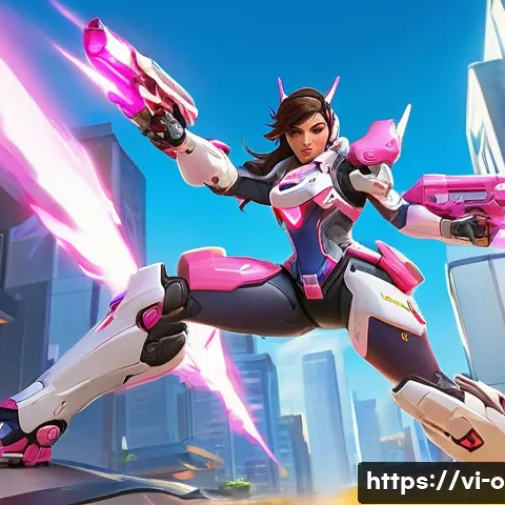 오버워치2 탱커 역할 및 특징 - **Overwatch 2 D.Va in dynamic action:** A vibrant, high-energy illustration of D.Va's Meka mid-fligh...