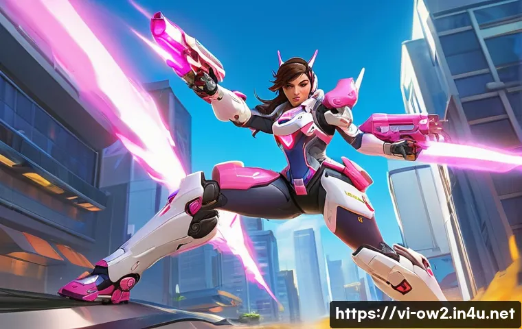 오버워치2 탱커 역할 및 특징 - **Overwatch 2 D.Va in dynamic action:** A vibrant, high-energy illustration of D.Va's Meka mid-fligh...