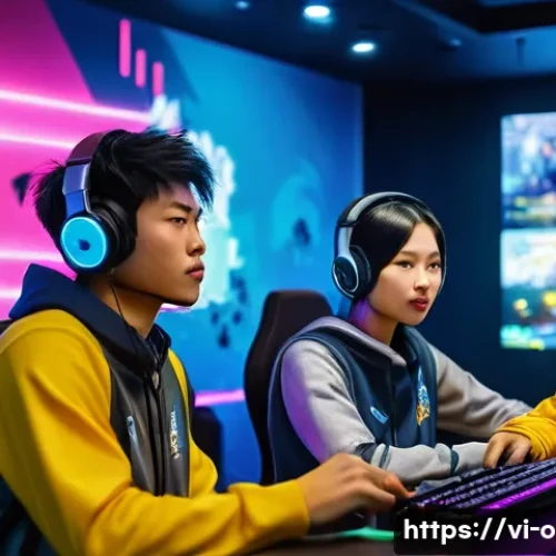 Home 15 오버워치2 팀워크 향상 커뮤니케이션 팁 - A detailed esports team scene set in a modern Vietnamese internet cafe, featuring a diverse group of...