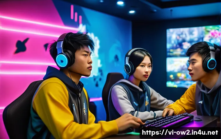 오버워치2 팀워크 향상 커뮤니케이션 팁 - A detailed esports team scene set in a modern Vietnamese internet cafe, featuring a diverse group of...