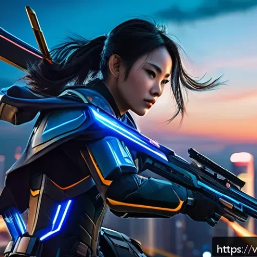 Home 17 오버워치2 경쟁전 승률 높이는 방법 - A dynamic and detailed scene of Sojourn, a highly mobile DPS hero, in mid-action on a futuristic urb...
