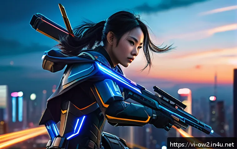 오버워치2 경쟁전 승률 높이는 방법 - A dynamic and detailed scene of Sojourn, a highly mobile DPS hero, in mid-action on a futuristic urb...